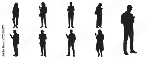 Architectural Drawings trendy fashion standing people using smartphones, texting, or taking selfies silhouette vector illustration, front view, human person Minimal style hand drawn. 