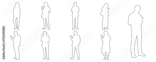 Architectural Drawings trendy fashion standing people using smartphones, texting, or taking selfies outline vector illustration, front view, human person Minimal style hand drawn. 