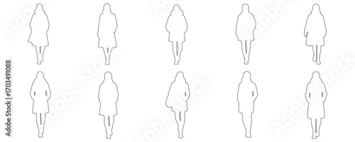 Architectural Drawings trendy people in winter outfits with coats, scarves, and boots outline vector illustration, front view, human person Minimal style hand drawn. Sections, Elevations, Floor Plans