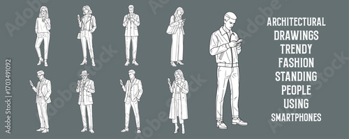 Architectural Drawings trendy fashion standing people using smartphones, texting, or taking selfies vector illustration, front view, human person Minimal style hand drawn.