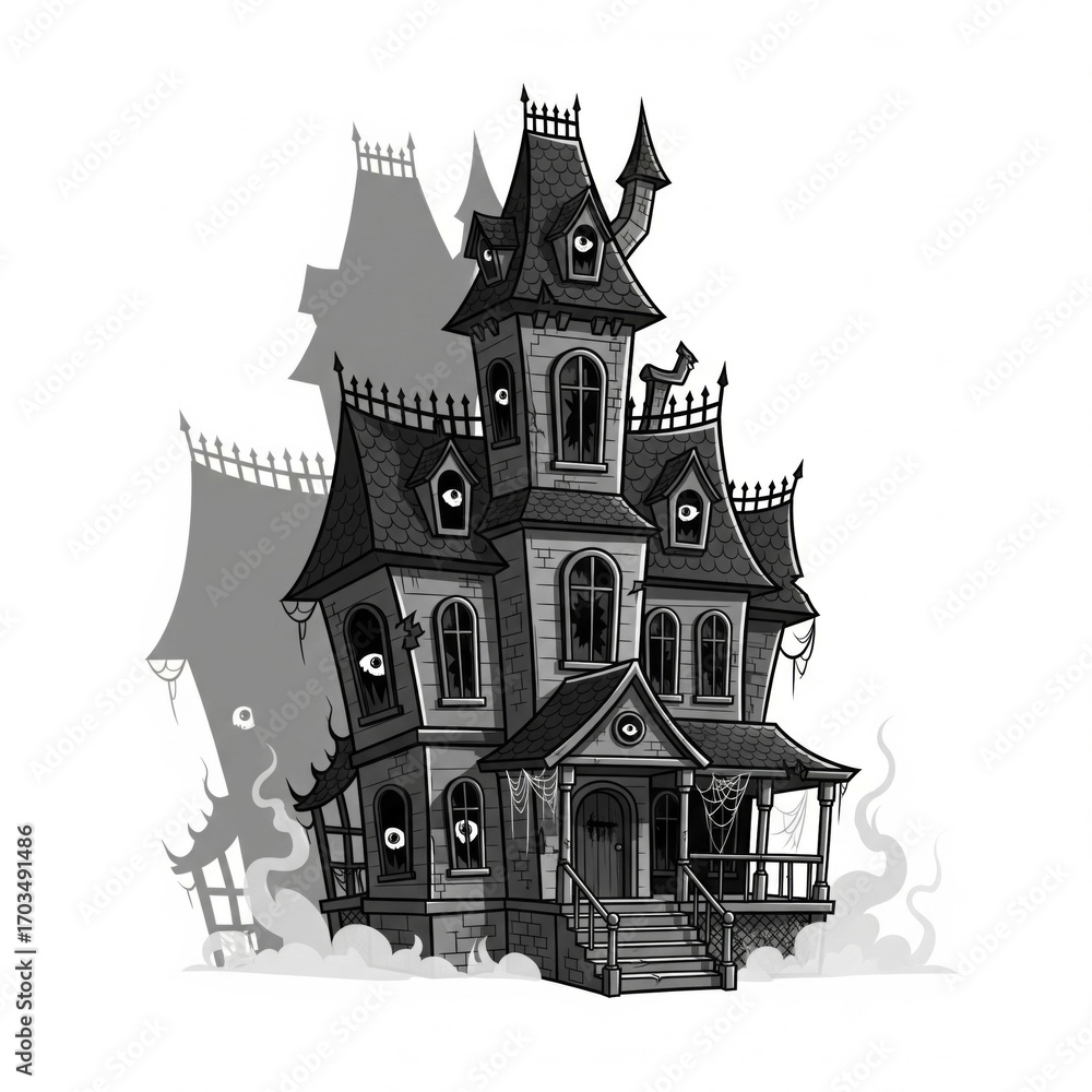 Obraz premium Monochromatic Spooky Haunted House with Towering Structure in Stylized Vector Illustration