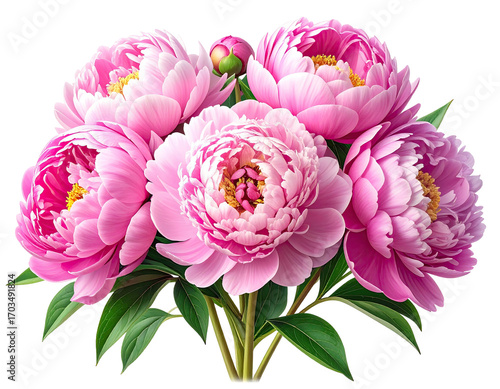Close-up of a bouquet of four vibrant pink peonies.  Detailed petals,  lush green leaves.  Soft lighting