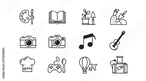 Collection of hand drawn hobby and interest icons in a silhouette style