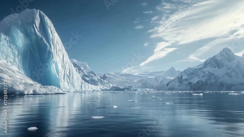 Wallpaper Mural Frozen cliffs border a sparkling blue Arctic lake, scattered with icy islands and capped by soft, luminous cumulus clouds. Torontodigital.ca
