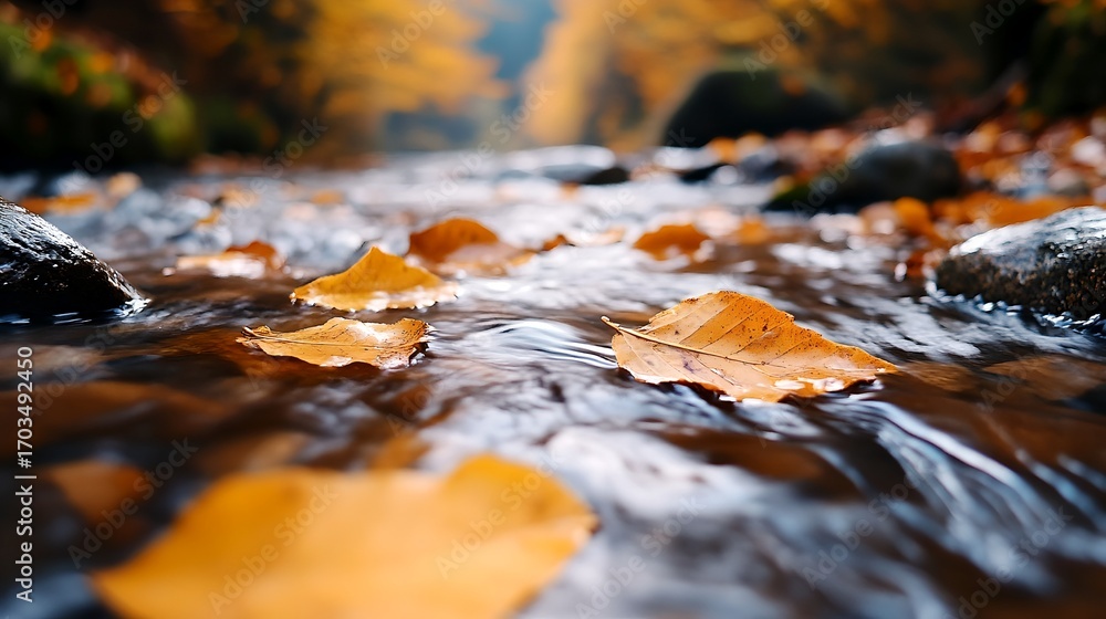 Fototapeta premium A serene and tranquil stream in an autumn forest with vibrant orange yellow and brown leaves floating on the calm reflective water surface