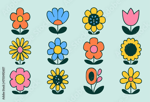 Flower icon vector set in colorful styles with bright modern design for spring and decoration