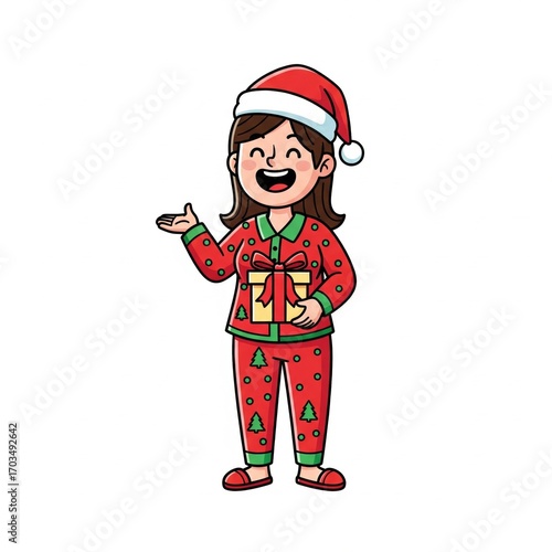 Cartoon Woman in Red Pajamas Holds Gift Box with Festive Santa Hat in White Background