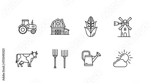 Collection of farm icons including tractor barn corn windmill cow pitchforks watering can and sun silhouette