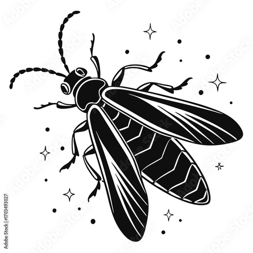 Detailed Black and White Illustration of a Firefly Surrounded by Stars Creating a Magical and Whimsical Atmosphere
