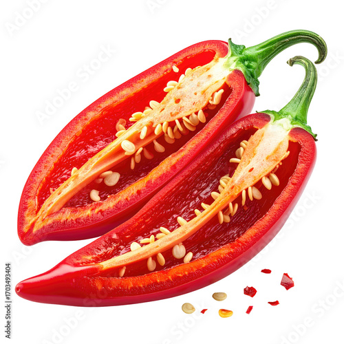 Two halved red chili peppers, seeds visible