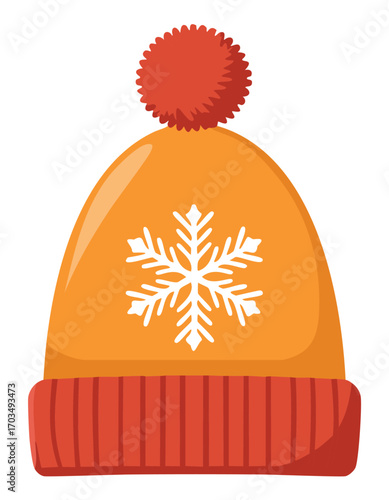 Orange Winter Hat with Snowflake and Pom Keywords: winter hat, beanie, pom pom, snowflake