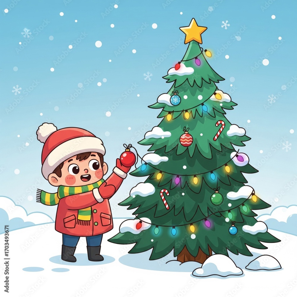 Fototapeta premium Cheerful Boy Decorating Christmas Tree with Red Coat Hat and Scarf in Snowy Scene