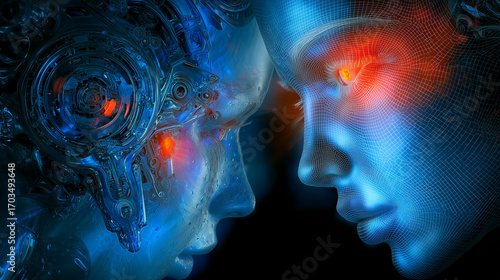 Digital Confrontation — a liquid chrome android and a blue wireframe humanoid locked in a data-gaze