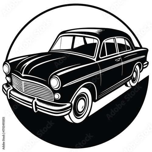 Classic vintage automobile illustration in black and white with retro styling and detailed linework