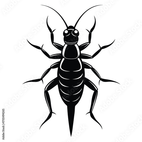 Monochrome Illustration of a Grasshopper with Detailed Anatomy and Exoskeleton Markings in High Contrast Black and White Depiction
