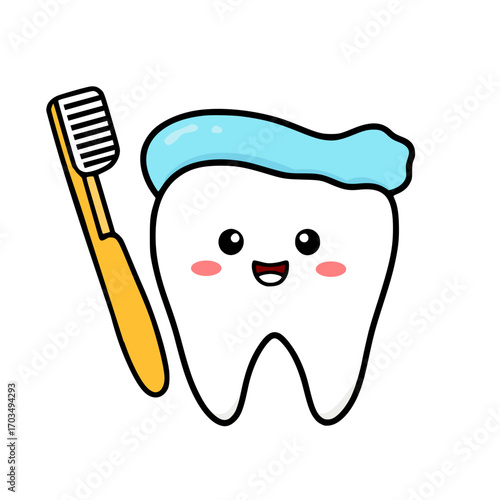 Cute cartoon tooth with toothbrush and toothpaste dental hygiene illustration
