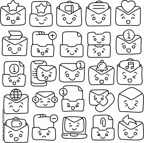 Cute Hand Drawn Email Icon Set with Kawaii Faces – Doodle Envelope, Folder, File, Notification, Message, Love Mail, Music, Call and Communication Symbols for UI and Messaging Design