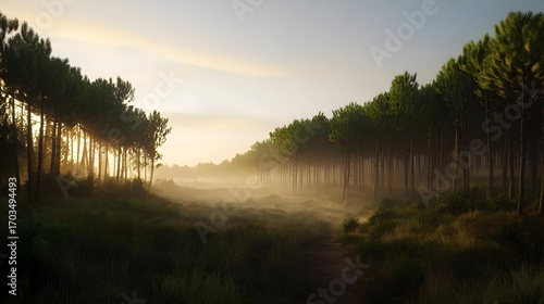 Sunrise Through Pine Trees In Misty Forest