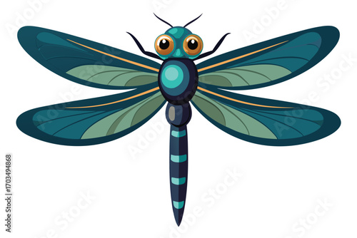 Stylized Dragonfly Illustration with Teal Wings and Orange Accents Against a White Background Displaying Intricate Wing Patterns and Round Eyes