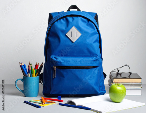 Illustration of a school backpack with various school supplies such as notebooks, pencils, ruler, and scissors, colorful and playful design suitable for back-to-school themes and educational materials