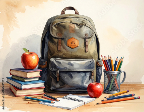 Illustration of a school backpack with various school supplies such as notebooks, pencils, ruler, and scissors, colorful and playful design suitable for back-to-school themes and educational materials
