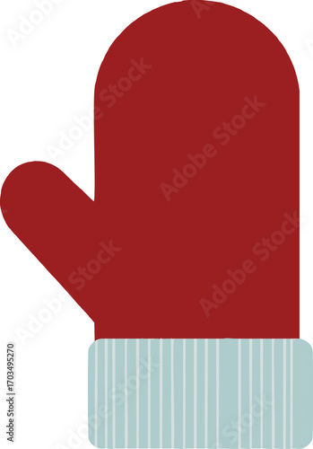 Red mitten with blue striped cuff on white background