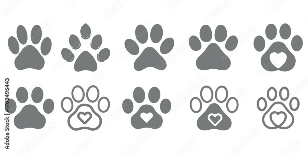 Fototapeta premium Pet paw icon set. Heart with dog, cat pet footprint. Paw print sign and symbol. Transparent png and vector illustration.