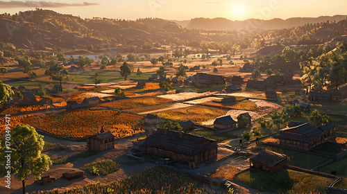 Aerial View Of A Picturesque Autumn Village Sunset