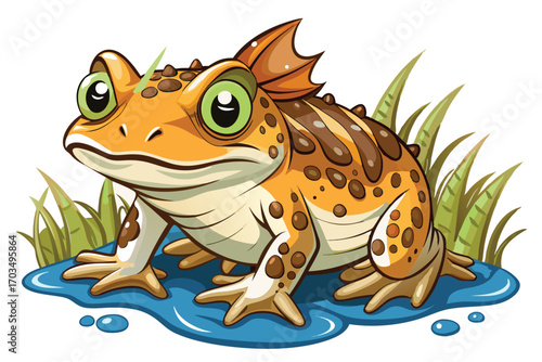 Cartoon Orange Frog with Brown Spots Standing in Water with Green Grass and a Curious Expression