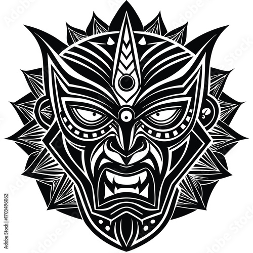 Monochrome tribal mask illustration with geometric patterns and bold lines