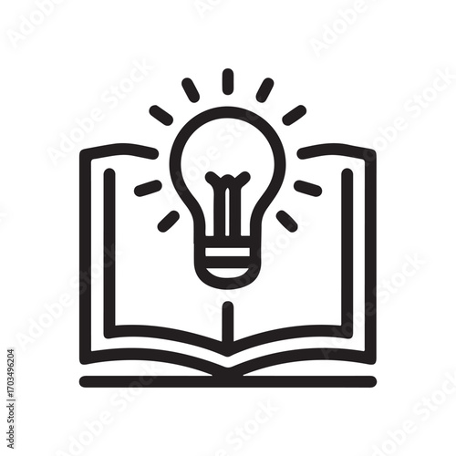 Light Bulb Shining Above Open Book Icon, Black and White Idea Symbol