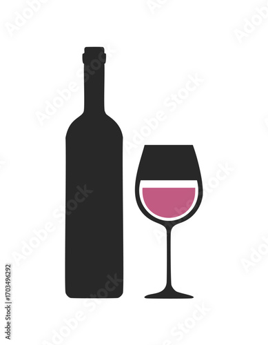 Silhouette of wine bottle and glass with red wine Keywords: wine, bottle, glass, red wine, drink