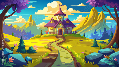  Walking the Yellow Brick Road Through Emerald Green Fields Illustration Yellow road and very beautiful magic house Wizard of Oz concept.