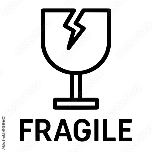 Black outline icon of cracked wine glass above bold text “FRAGILE”, symbolizing delicate contents that require careful handling. Clear, minimal design for packaging, shipping, logistics safety labels.