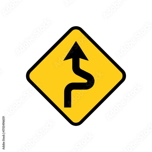 Yellow road sign with winding road ahead on transparent background