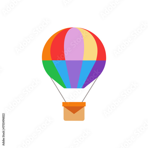 Colorful hot air balloon with brown basket on transparent background