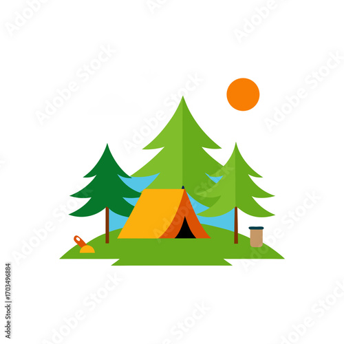 Camping scene with tent trees and sun icon on transparent background