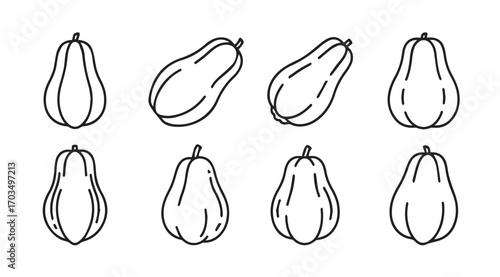 Collection of eight stylized papaya fruit illustrations in silhouette