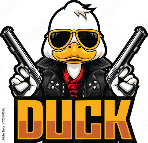 DUCK GANGSTER HANDLE TWO GUNS VECTOR LOGOTYPE