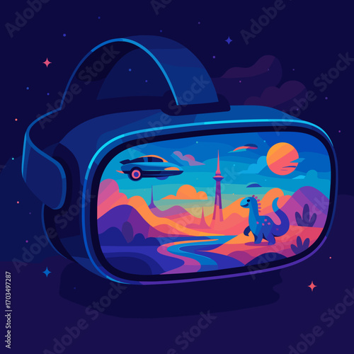 Futuristic virtual reality headset displaying a colorful landscape with a dinosaur and car