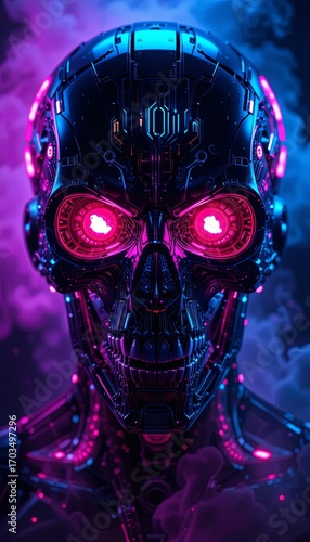A Sinister Cybernetic Skull Glowing With Neon Light