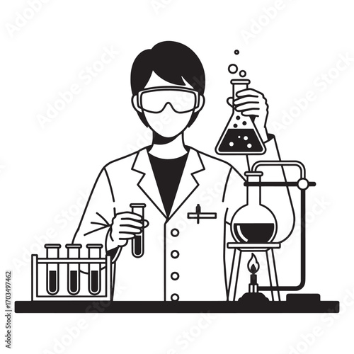A black and white vector illustration of a scientist or chemist conducting a chemical experiment with laboratory equipment like flasks and test tubes