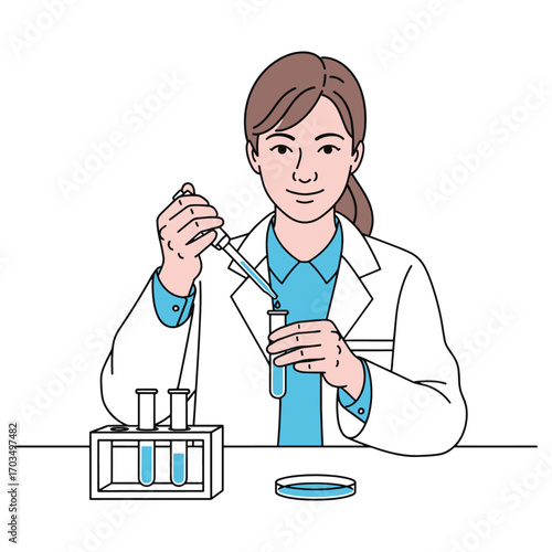 Female scientist in a lab coat conducting a chemical experiment with a pipette and test tube. Concept of scientific research and discovery