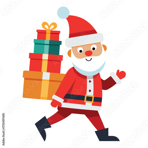 Happy santa claus carrying a stack of colorful christmas presents