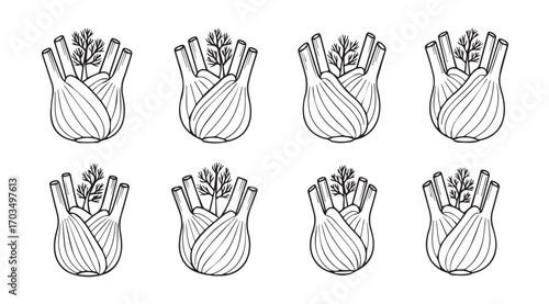 Eight stylized fennel bulbs with leafy tops in a black and white silhouette