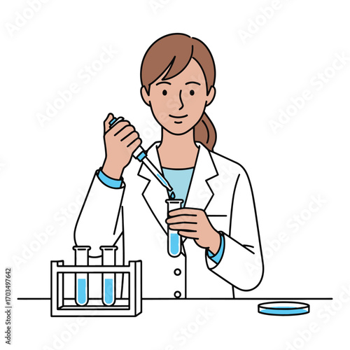 Female scientist in a lab coat conducting a chemical experiment with a pipette and test tubes. Illustration of scientific research and development