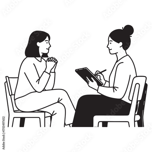 Illustration of a woman in a counseling session with a professional therapist. Concept of psychological support and mental wellness