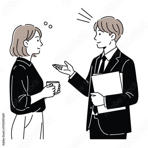 Simple line art illustration of a businessman in a suit explaining a project to a female colleague during a coffee break
