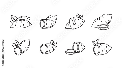Collection of hand drawn sweet potato illustrations in silhouette style