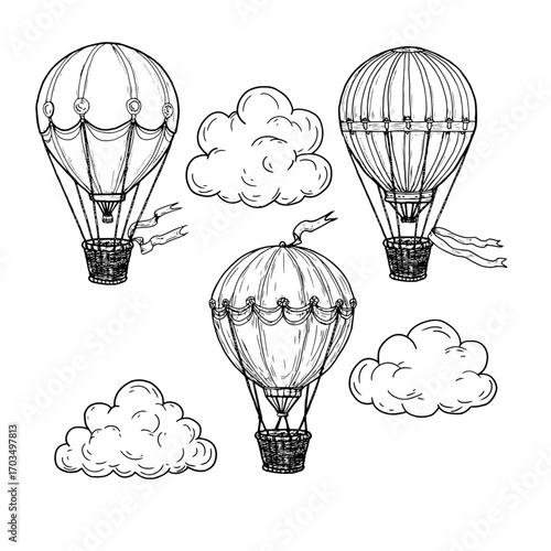 Balloon with a wicker basket, black and white ink sketch. Vector illustration. Balloon with ribbons, set, isolated on a white background. For postcards, children's books, and textile printing